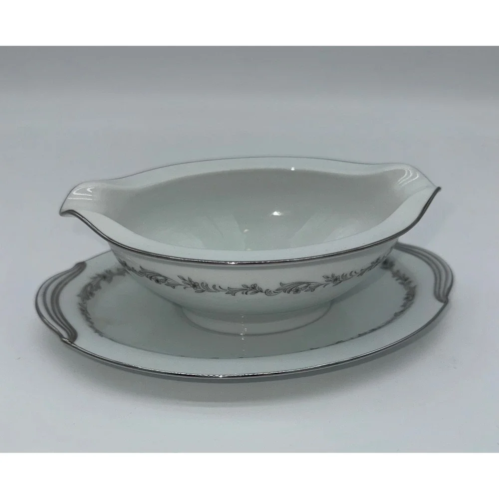 Noritake China Crestmont Gravy Boat with‎ Underplate 6013 Silver Floral Japan